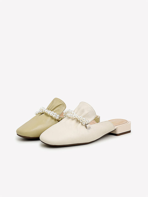 Cow Leather Square Head Pearl Decoration Women's Slippers Casual Mules