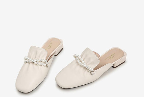 Cow Leather Square Head Pearl Decoration Women's Slippers Casual Mules