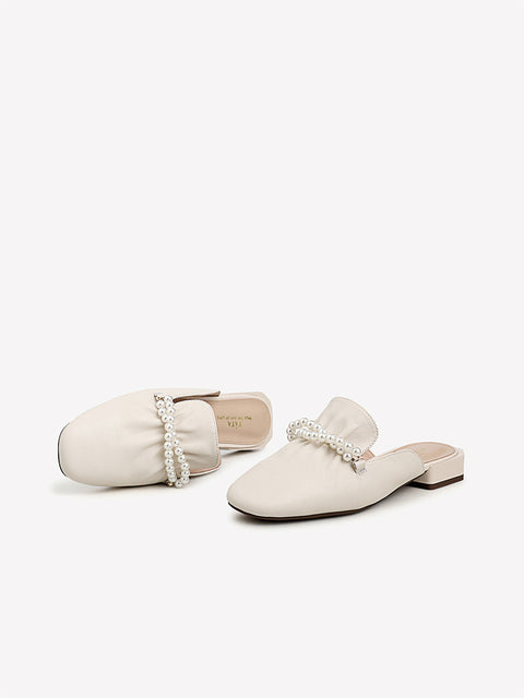 Cow Leather Square Head Pearl Decoration Women's Slippers Casual Mules