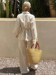 Women's Summer Solid Color Pleated Shirt And Wide Leg Pants