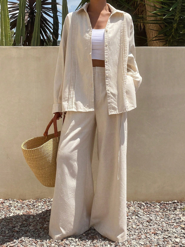 Women's Summer Solid Color Pleated Shirt And Wide Leg Pants