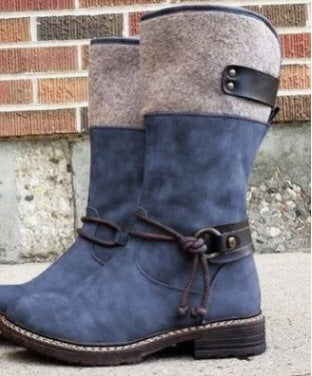 Stylish blue suede and felt winter boots with buckle and lace details, ideal for cold weather.