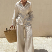 Women's Summer Solid Color Pleated Shirt And Wide Leg Pants