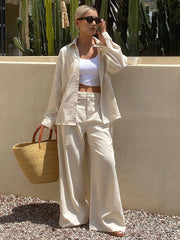 Women's Summer Solid Color Pleated Shirt And Wide Leg Pants