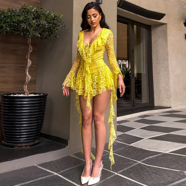Lace-up Deep V Micro-cut Sleeve Tight-fitting Cinched Lace Dress