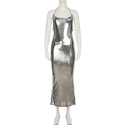 Female Liquid Large Backless Shiny Suspender Dress